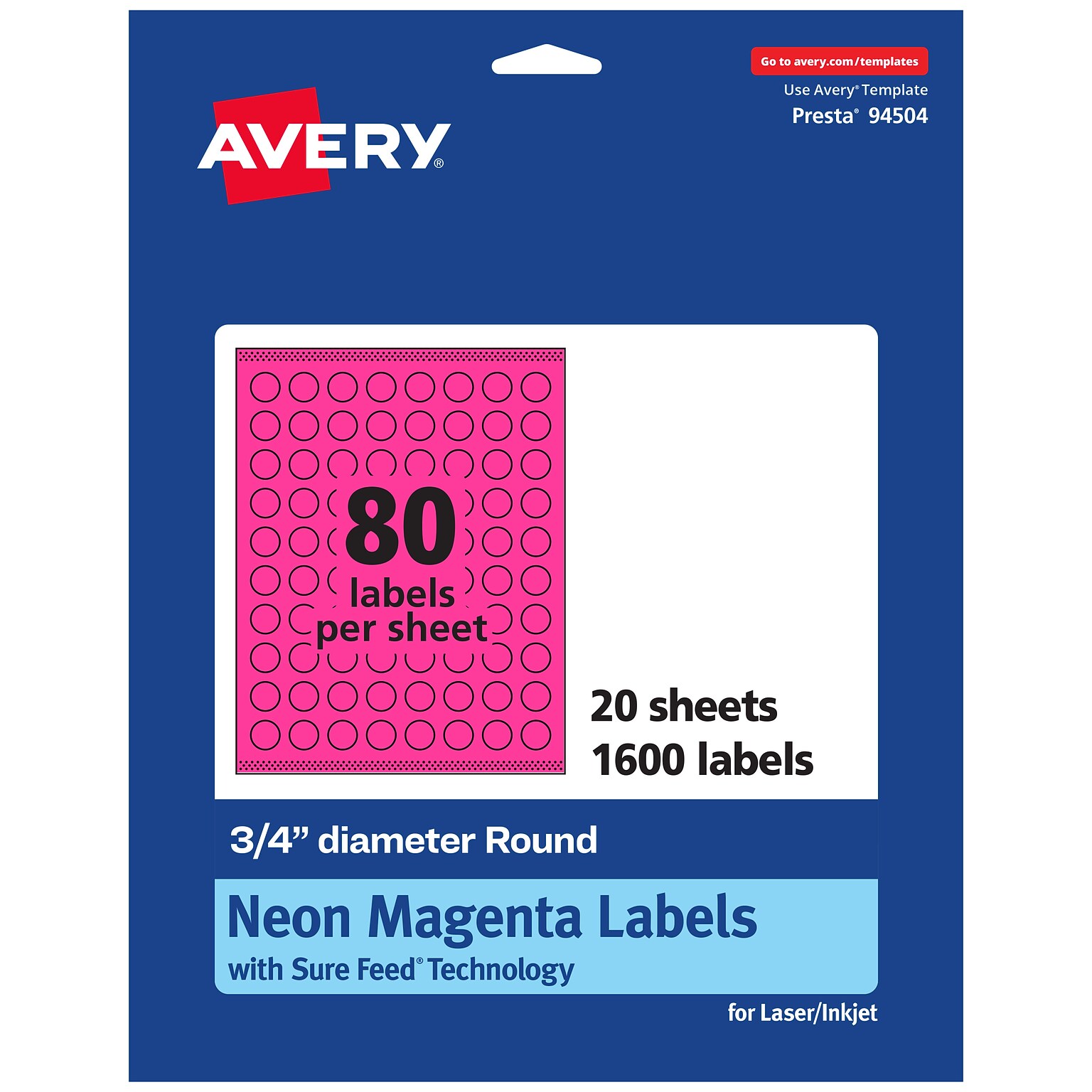 Avery Laser/Inkjet Round Multipurpose Labels, 0.75 Dia., Neon Magenta, 1600/Pack (94504)