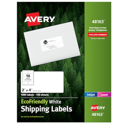 Avery EcoFriendly Laser/Inkjet Shipping Labels, 2 x 4, White, 1,000 Labels/Box (48163)