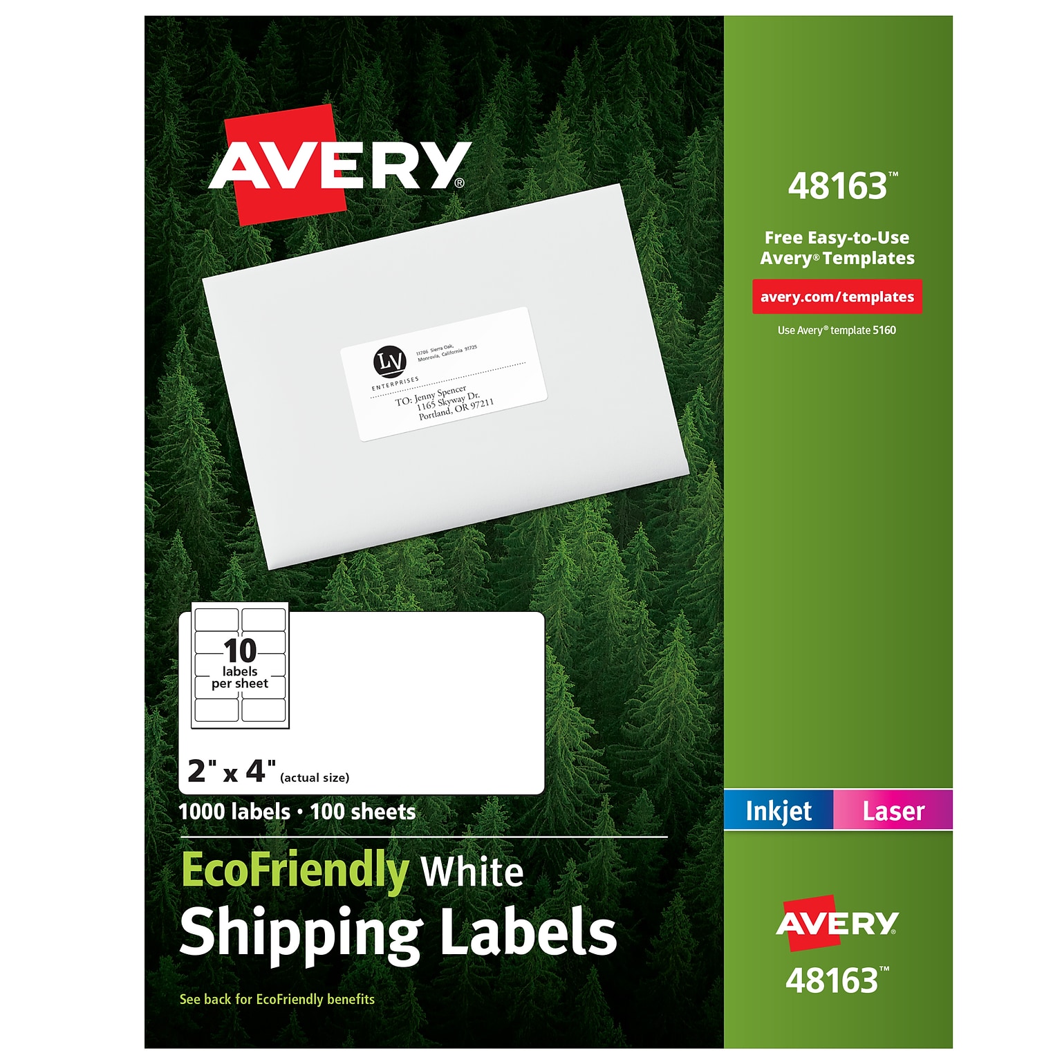Avery EcoFriendly Laser/Inkjet Shipping Labels, 2 x 4, White, 10 Labels/Sheet, 100 Sheets/Box (48163)