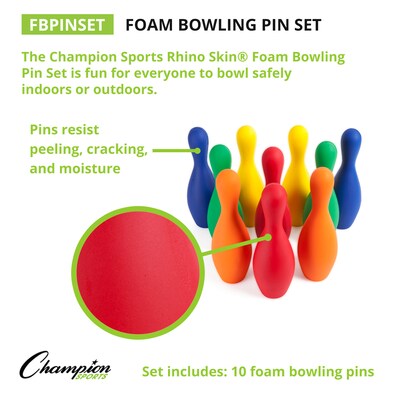 Champion Sports Foam Bowling Pin Set. Assorted Colors, Set of 10 Pins (CHSFBPINSETCLR)