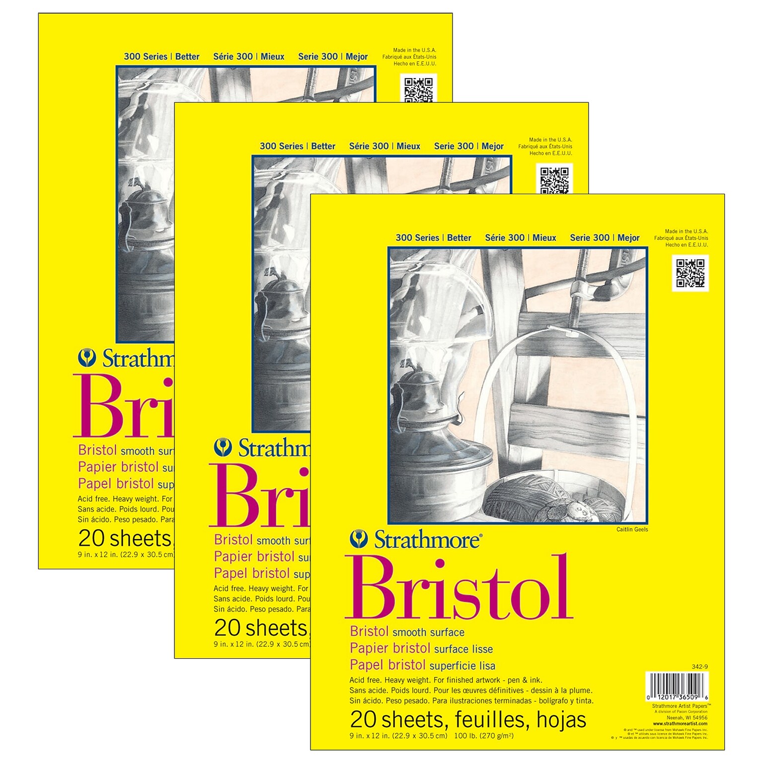 Strathmore 300 Series 9 x 12 Tape Bound Bristol Sketch Pad, 20 Sheets/Pad, 3/Bundle (STTP342903-3)