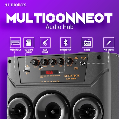 Audiobox Wireless Bluetooth Party Speaker with Dual 8-In. Woofers, Lights, Wireless Mics, WaveSync & Remote, Black (ABX-8080R)