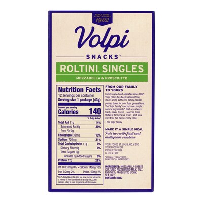 Volpi Roltini Singles, Prosciutto & Mozzarella, 1.5 oz, 24/Pack (220-02484)