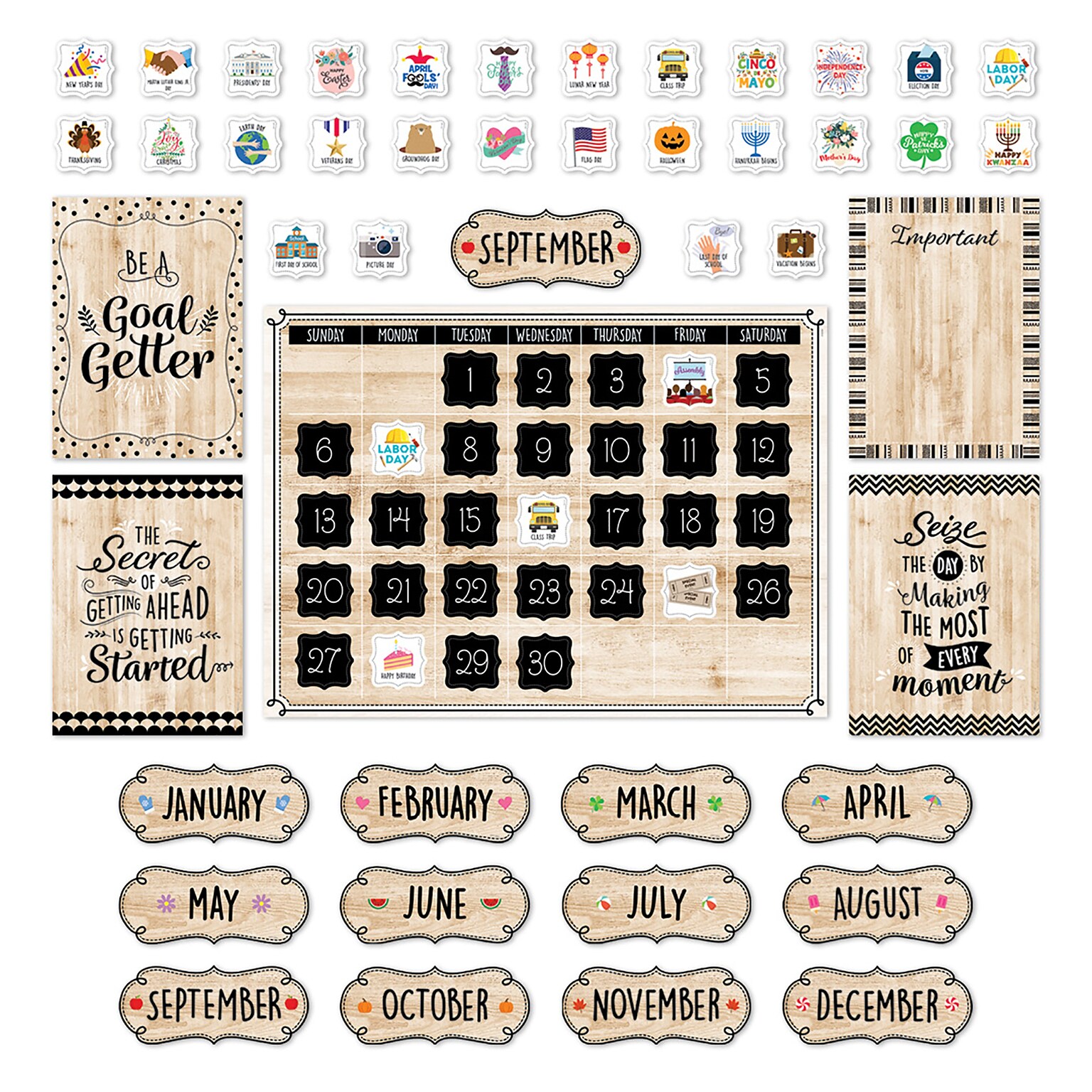 Creative Teaching Press Black, White, and Wood Calendar Set Bulletin Board Set, 87/Set (CTP10920)