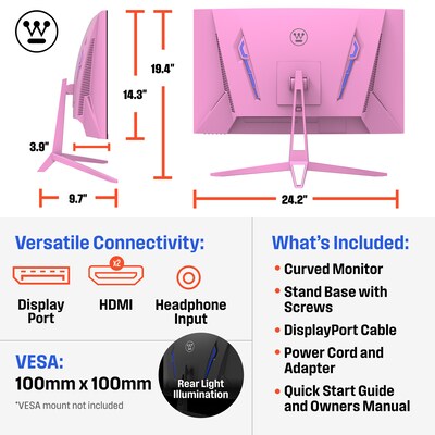 Westinghouse RX6250 27" Curved FHD 200Hz LED AMD FreeSync Gaming Monitor, Built in Speakers, Pink (WC27RX6250P)