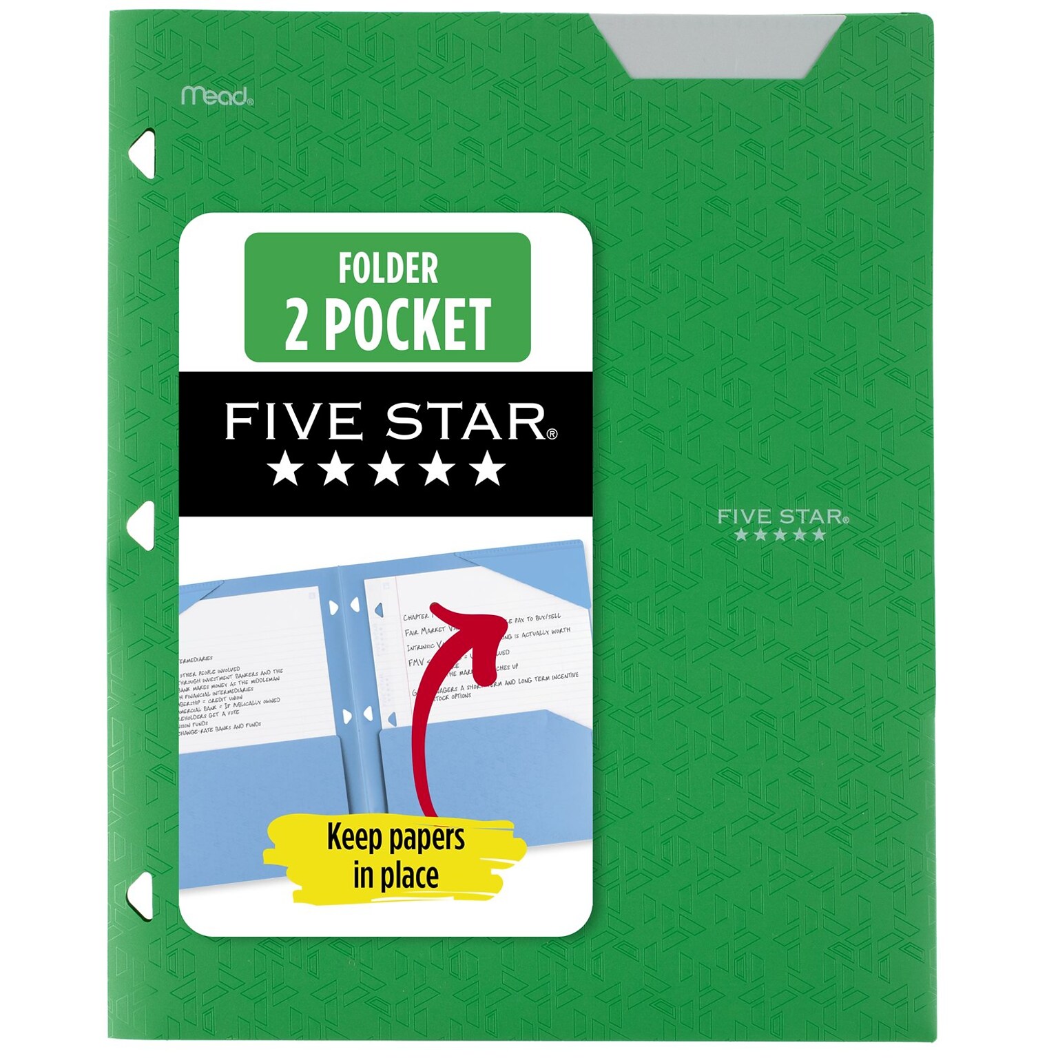 Five Star Stay Put  3-Hole Punched 2 Pocket Plastic Folder, Retro Green (333420E-ECM26)