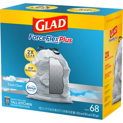 Glad ForceFlexPlus Tall Kitchen Drawstring Trash Bags Fresh Clean with  Febreze, 13 Gallon Grey