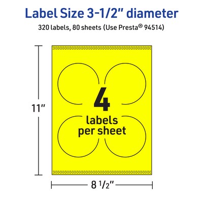 Avery Laser/Inkjet Round Multipurpose Labels, 3.5" Dia., Neon Yellow, 320/Box (94514)