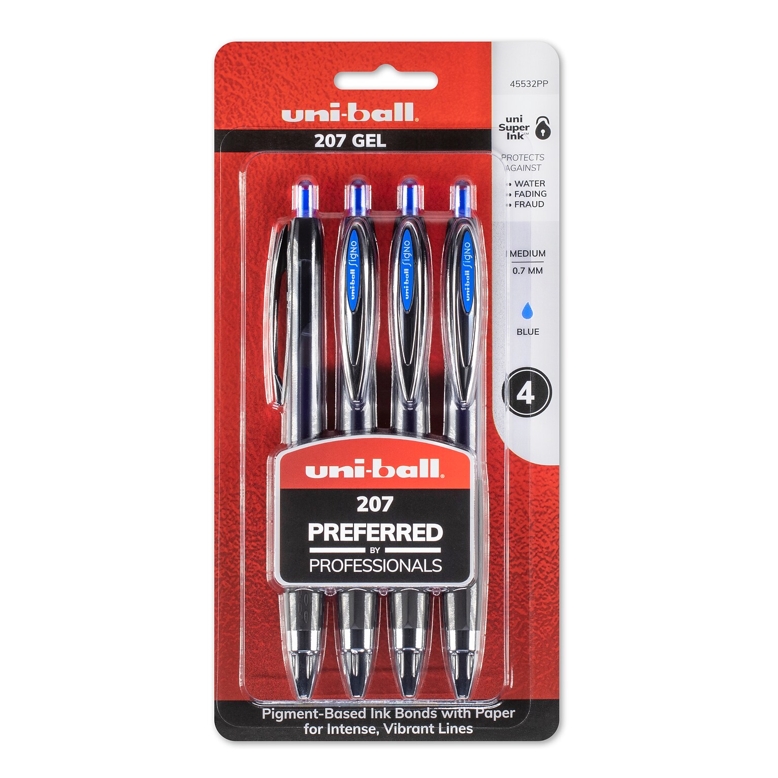 uniball 207 Retractable Gel Pens, Medium Point, 0.7mm, Blue Ink, 4/Pack (45532PP)