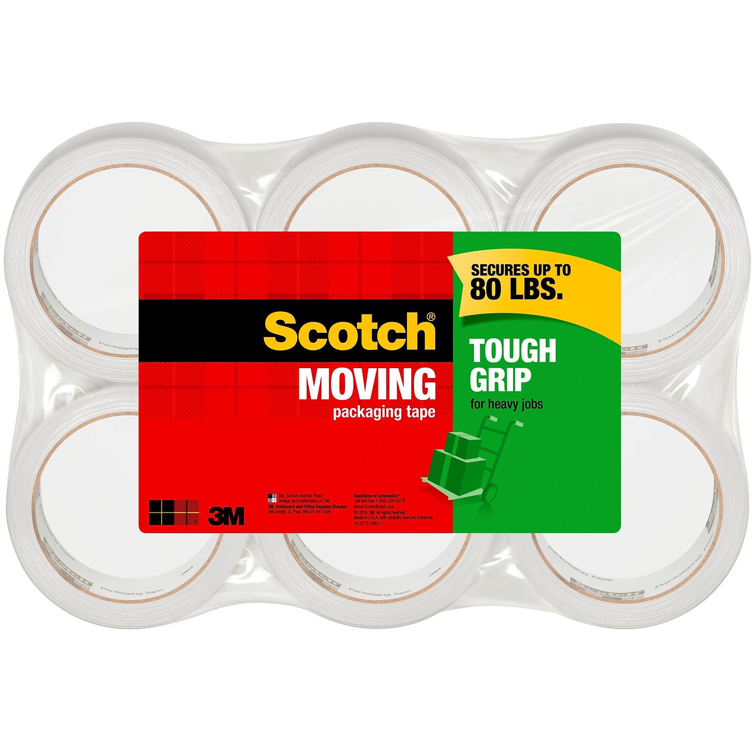 Scotch Tough Grip Packing Tape, 1.88 x 43.7 yds., Clear, 6/Pack (3500-40-6)