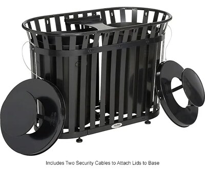 Global Industrial Outdoor Slatted Steel Trash Can w/ Rain Bonnet Lid, 72 Gallon, Black (641432BK)