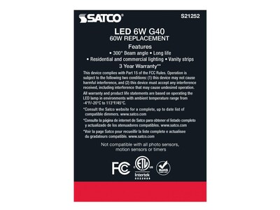 Satco Lighting 6-Watt Warm White LED Decorative Bulb, 6/Carton (S21252)