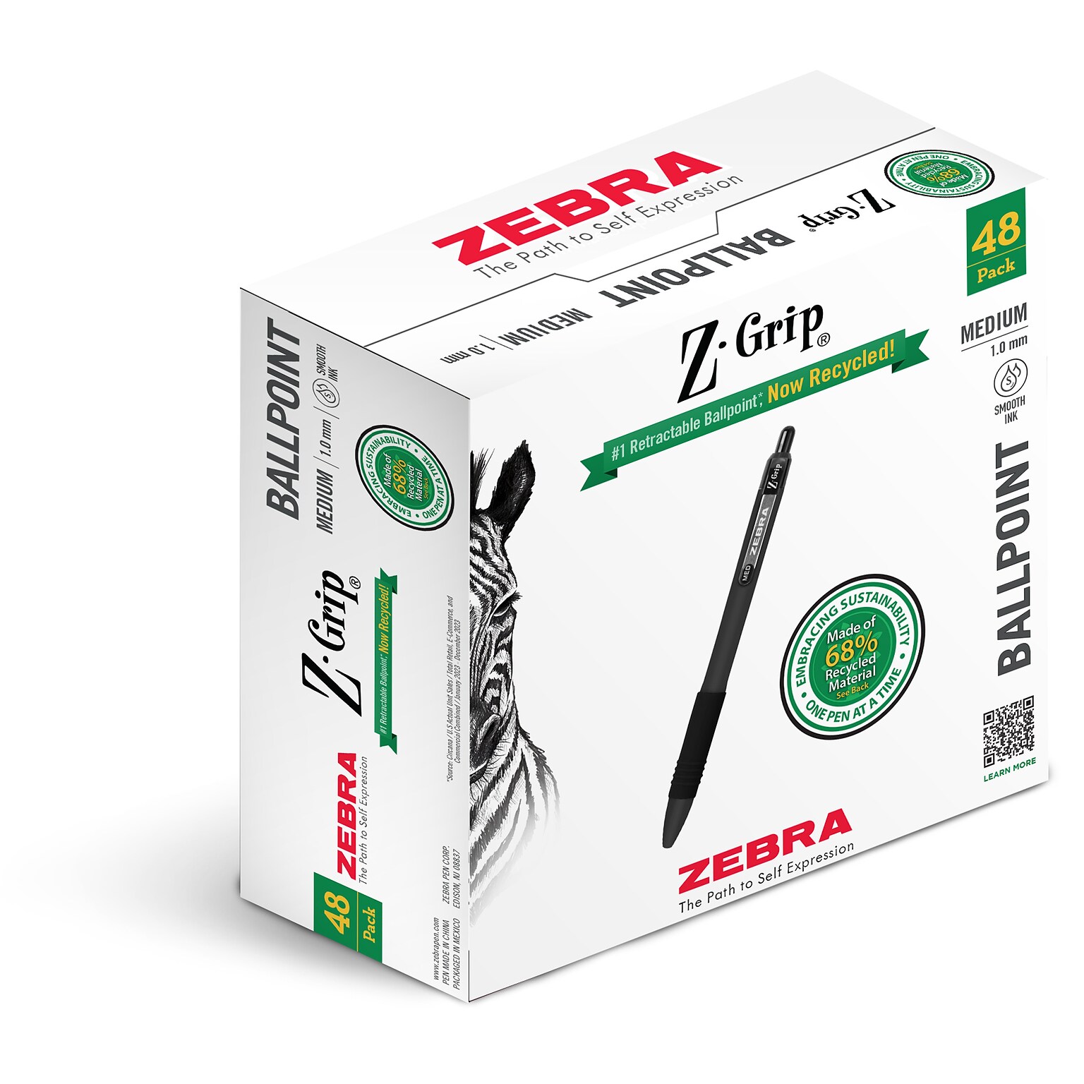 Zebra Z-Grip Retractable Ballpoint Pen, Medium Point, 1.0mm, Black Ink, 48/Pack (20418)