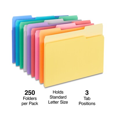 Staples® File Folders, 1/3 Cut Tab, Letter Size, Assorted Colors, 250/Box (TR502678)