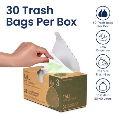 Nine Stars 3-10 Gallon Drawstring Kitchen Trash Bags, White, 30 Bags/Box (NSTB-10-30)