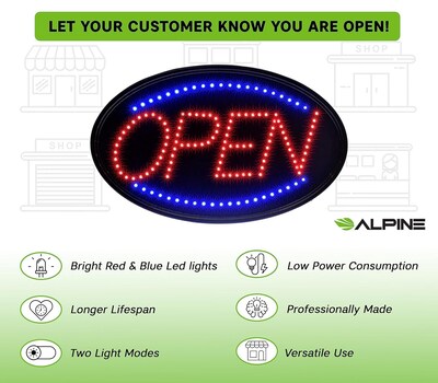 Alpine Industries Open Indoor LED Oval Sign,  23" x 14", 2/Pack (497-02-2PK)