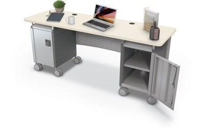 MooreCo Compass 72"W Dual Cabinet Teacher Desk with Shelves, Neutral Weft (703673923361)