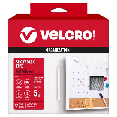 Velcro 0.75W x 360L Sticky Back Hook & Loop Fastener, White, Roll (91138)