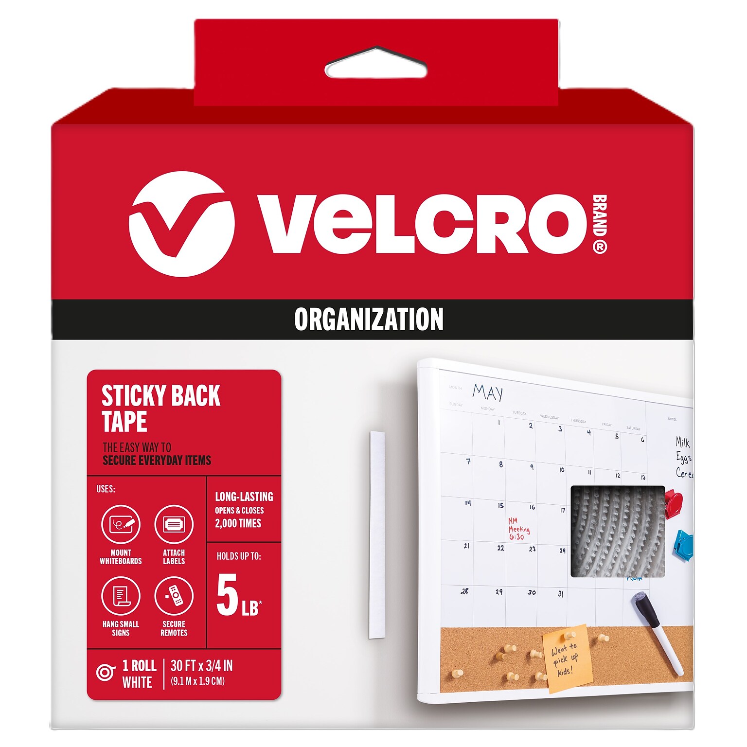 Velcro 0.75W x 360L Sticky Back Hook & Loop Fastener, White, Roll (91138)