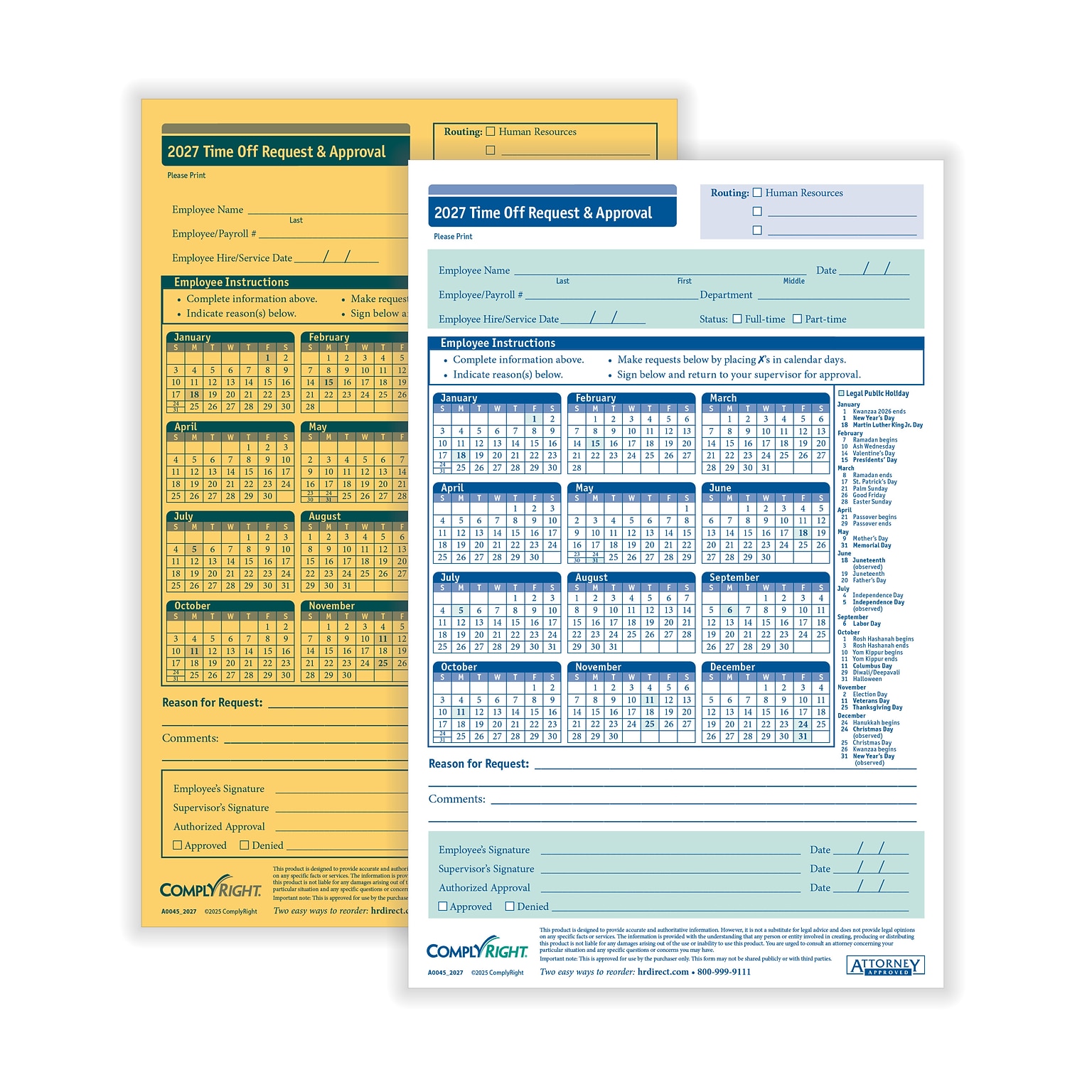 ComplyRight 2027 Time Off Request and Approval Form, 2-Part, 50 Forms/Pack (A0045)