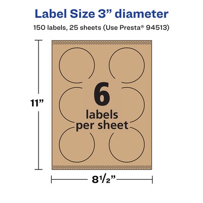 Avery Laser/Inkjet Round Multipurpose Labels, 3" Dia., Kraft Brown, 150 Labels/Pack (94513)