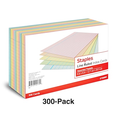 Staples 5 x 8 Index Cards, Lined, Assorted Colors, 300/Pack (TR50995)