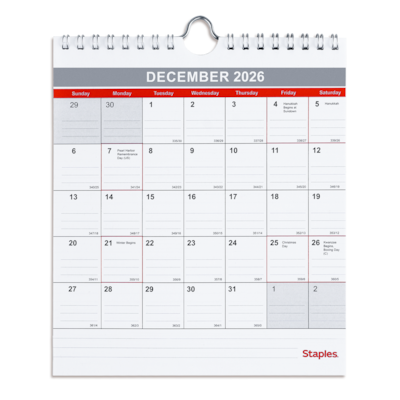 2026 Staples 6.5 x 7.5 Monthly Wall Calendar, Red/White/Gray (ST53923-26)