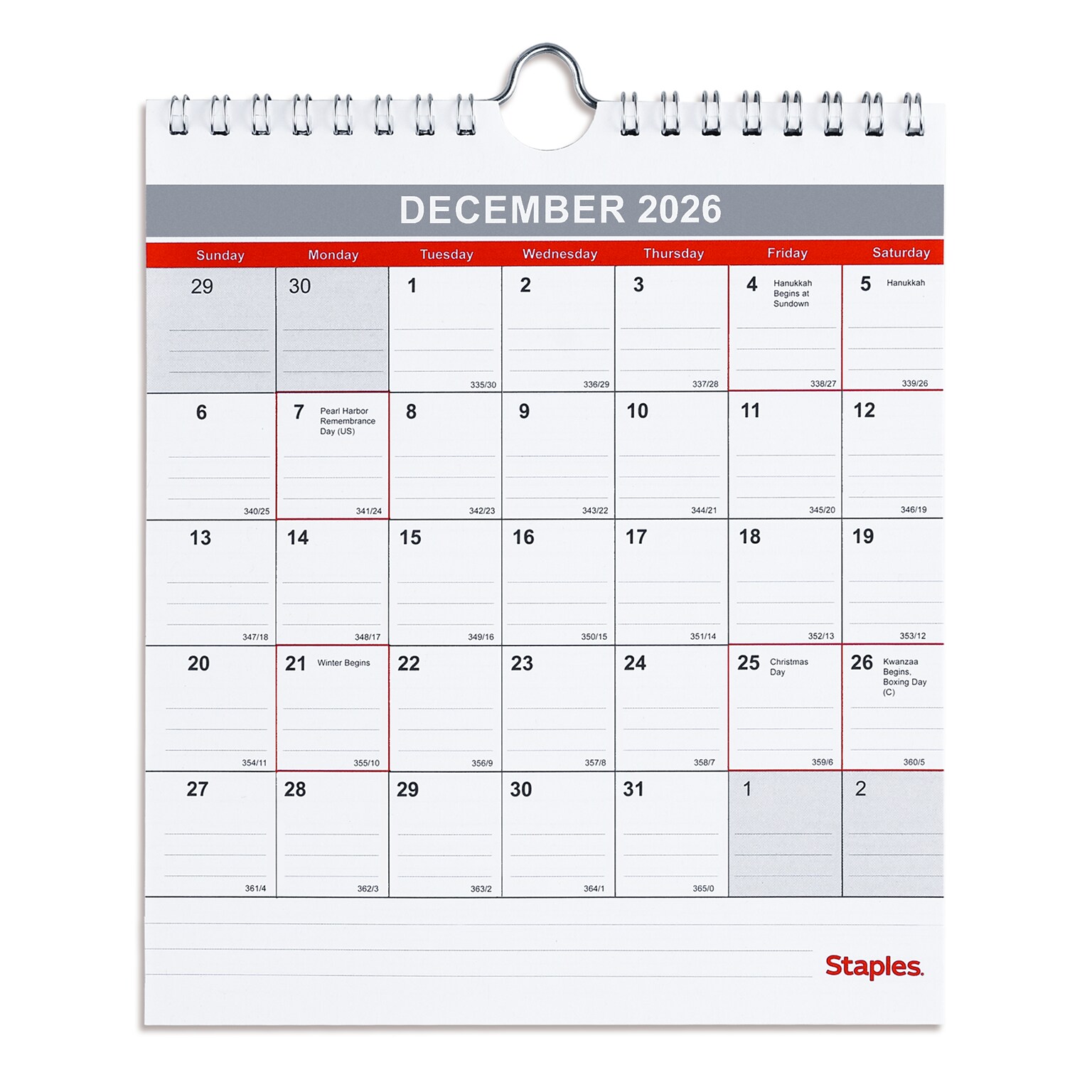 2026 Staples 6.5 x 7.5 Monthly Wall Calendar, Red/White/Gray (ST53923-26)
