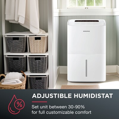 Amana Energy Star 50 Pint Portable Dehumidifier, 3 Speed, Covers up to 2,500 sq. ft., White (AMND501AW)