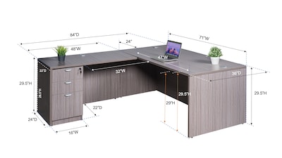 Boss Office Products 71" Desk, Executive L-Shape Corner Desk with File Storage Pedestal, Driftwood (GROUPA10-DW)