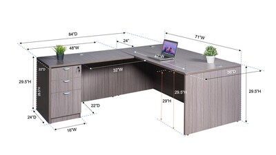 Boss Office Products 71" Desk, Executive L-Shape Corner Desk with File Storage Pedestal, Driftwood (GROUPA10-DW)