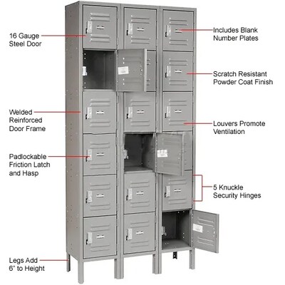Global Industrial Capital 6-Tier 18-Door Box Locker, 36"W x 15"D x 78"H, Gray (652157GY)
