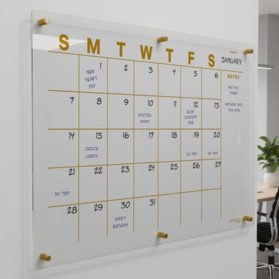 Excello Brands Acrylic Dry-Erase Calendar Whiteboard, 20 x 30, Gold Print (ACRYLBRD-CAL20X30-GLD)