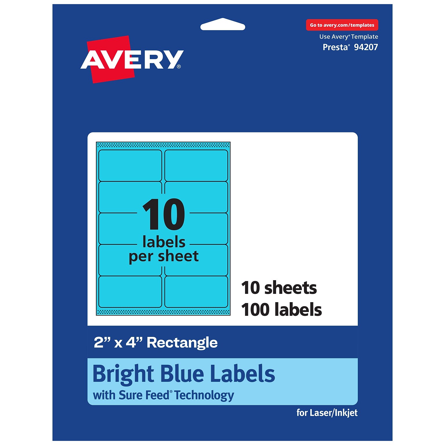 Avery Laser/Inkjet Multipurpose Labels, 2 x 4, Bright Blue, 10 Labels/Sheet, 10 Sheets/Pack (94207-BBP10)