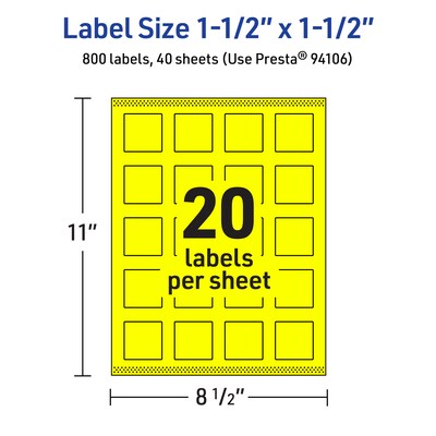 Avery Laser/Inkjet Square Multipurpose Labels, 1.5" x 1.5", Neon Yellow, 800/Pack (94106)