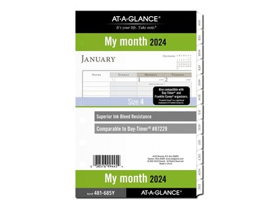 2024 AT-A-GLANCE 8.5 x 5.5 Monthly Planner Refill Pages, White/Gray (481-685Y-24)