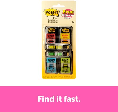 Post-it 'Sign Here' Message Flags Value Pack, .94" Wide, Assorted Colors, 200 Flags/Pack plus Bonus Arrow Flags (680-SH4VA)
