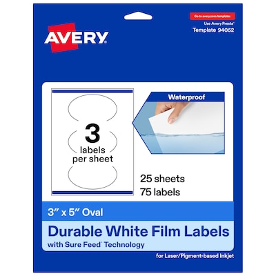 Avery Laser/Inkjet Oval Waterproof Multipurpose Labels, 5 Dia, White, 75/Pack (94052)