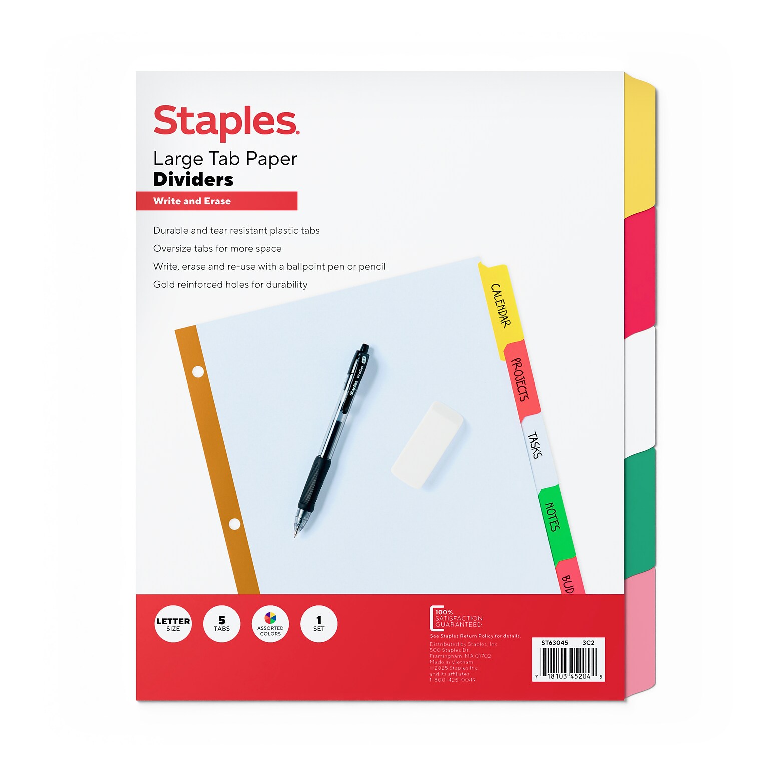 Staples Large Tab Write & Erase Paper Dividers, 5-Tab, Multicolor (ST63045)