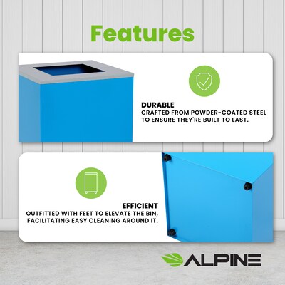 Alpine Industries Steel Recycling and Trash Can Set with Square and Mixed Lid, 29 Gallon, Blue/Black, 2/Pack (ALP4450-BLK-KIT3)