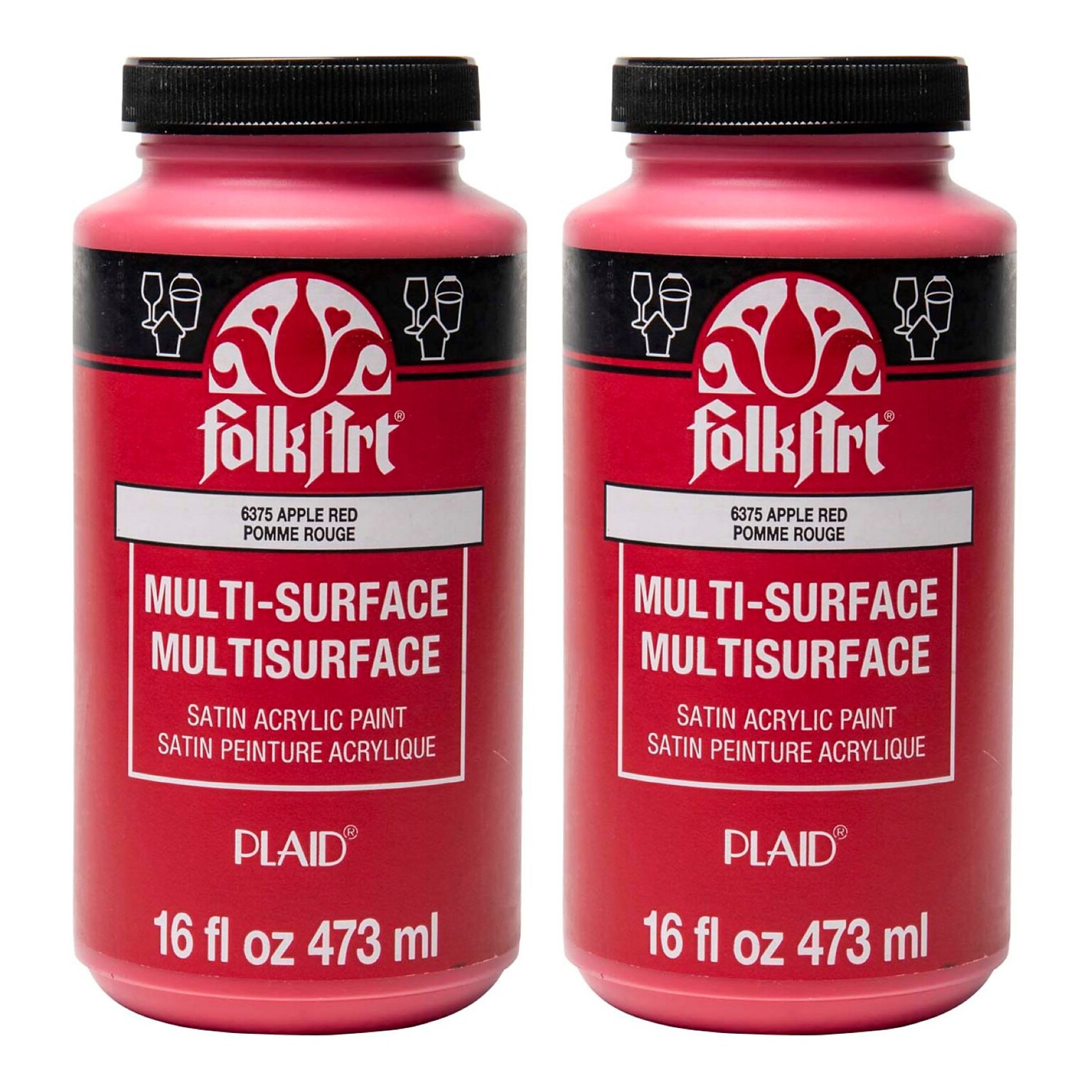 FolkArt Acrylic Paint Multi-Surface Satin, 16oz., Apple Red, 2/Pack (FLK6375-2)