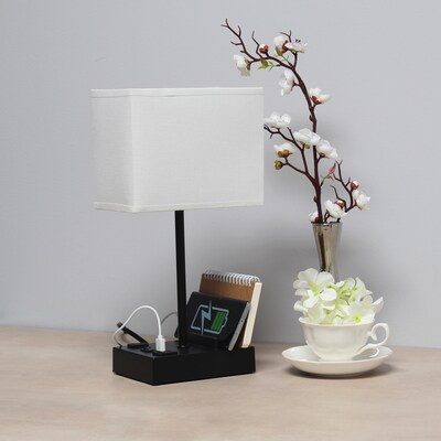 Simple Designs Rectangular Multi-Use 1 Light 15.3" LED Table Lamp with 2 USB Ports and Charging Outlet, Black/White (LT1110-WOB)