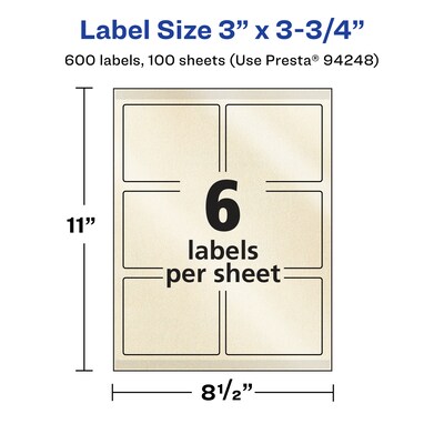 Avery Pearlized Ivory Rectangle Multipurpose Labels, 3" x 3.75", Ivory, 600/Box (94248)