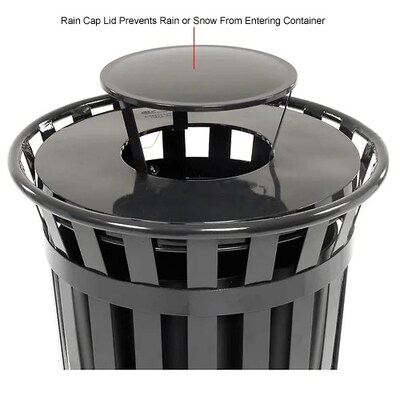 Global Industrial Outdoor Slatted Steel Trash Can w/ Rain Bonnet Lid, 36 Gallon, Black (260804BK)