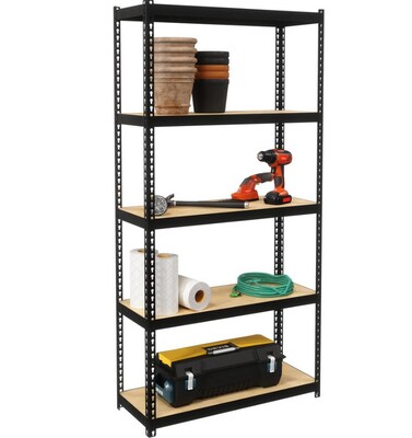 Lorell Iron Horse Narrow Riveted Shelving Unit, 200 lb. Capacity, 30W x 12D x 60H, Black/Natural