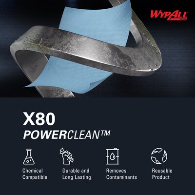 WypAll PowerClean X80 Fabric Cleaning Wipers, 13.4" x 12.5", Blue, 475 Sheets/Roll (41043)