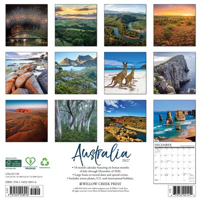 2027 Willow Creek Australia 12 x 12 Monthly Wall Calendar, Assorted Colors (58916)