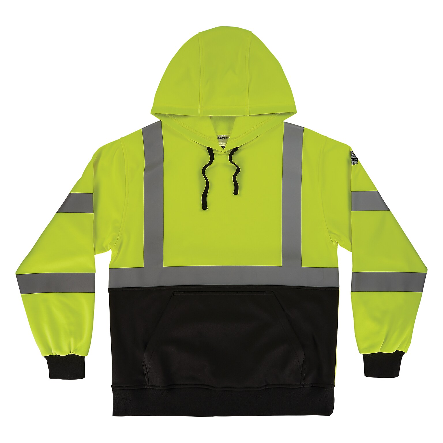GloWear 8311BK High Visibility Long Sleeve Black Bottom Hooded Sweatshirt, ANSI Type R Class 3, Lime, Medium (22873)