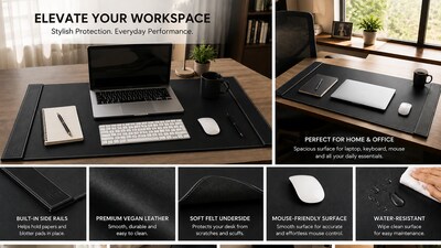 SUM Anti-Slip Faux leather Desk Pad with Side Rail, 34.5" x 24", Black (OSKDPD001)