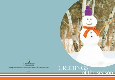 Greetings of the Season - cancer center card - snowman - 7 x 10 scored for folding to 7 x 5, 25 card